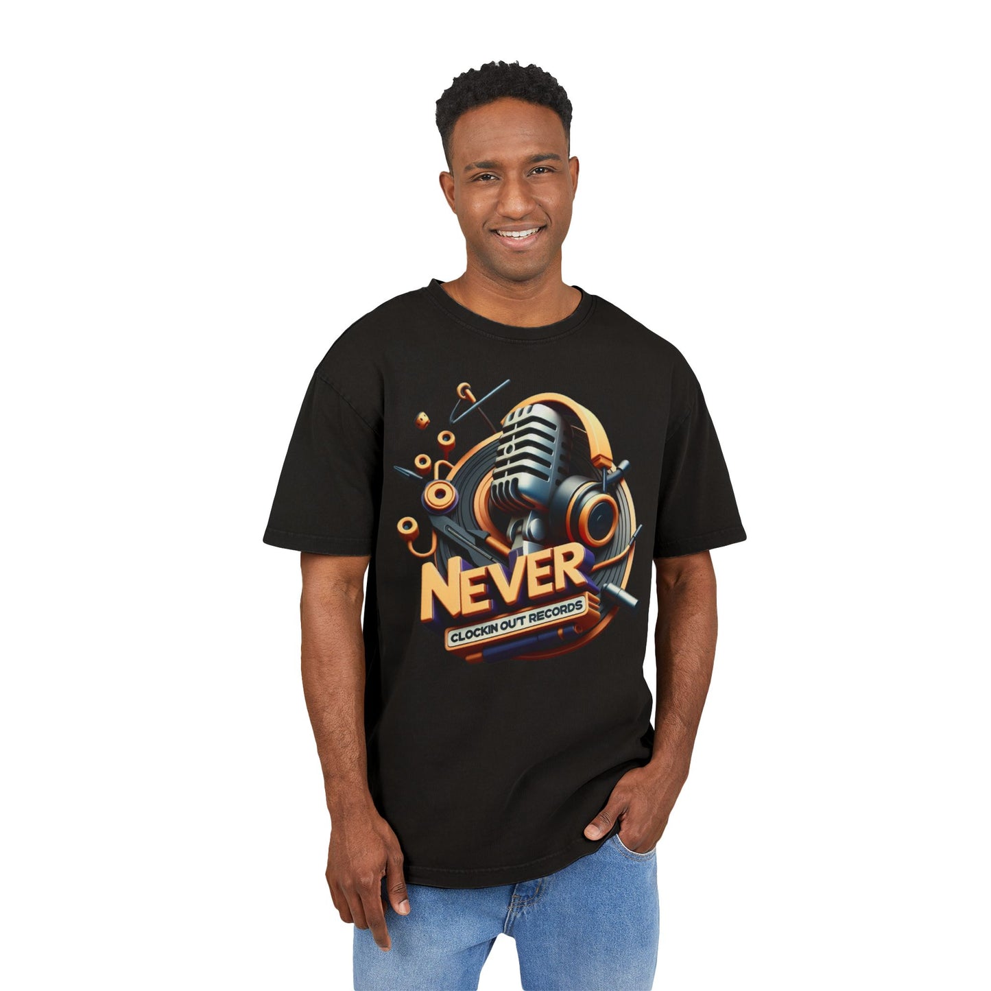 Men's Acid Washed Oversized Tee - 'Never Clockin' Out' Retro Music Design